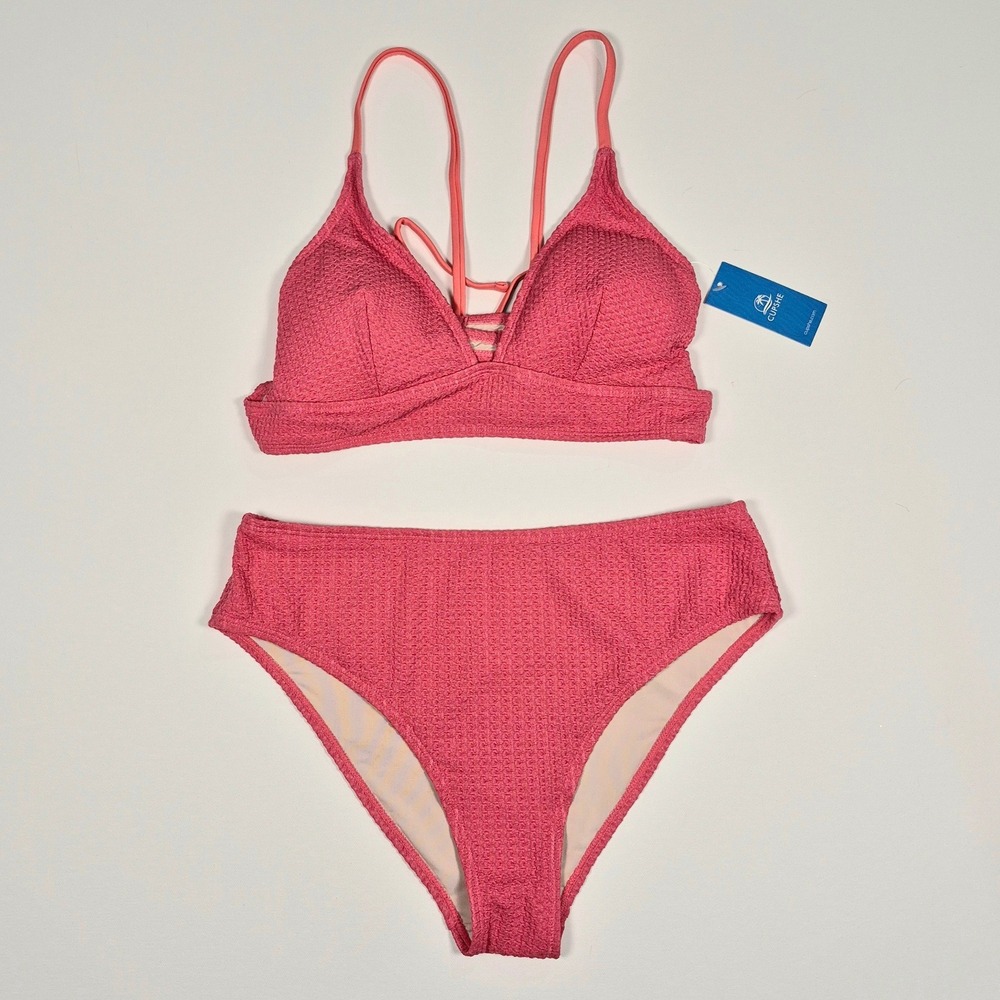 Cupshe Pink Textured Mid Rise Bikini Set NWT Large